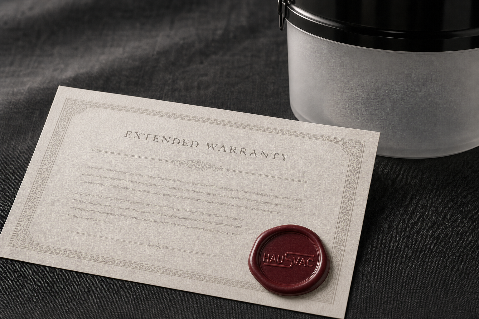 HausVac Extended Warranty certificate with a wax seal, beside a HausVac power unit
