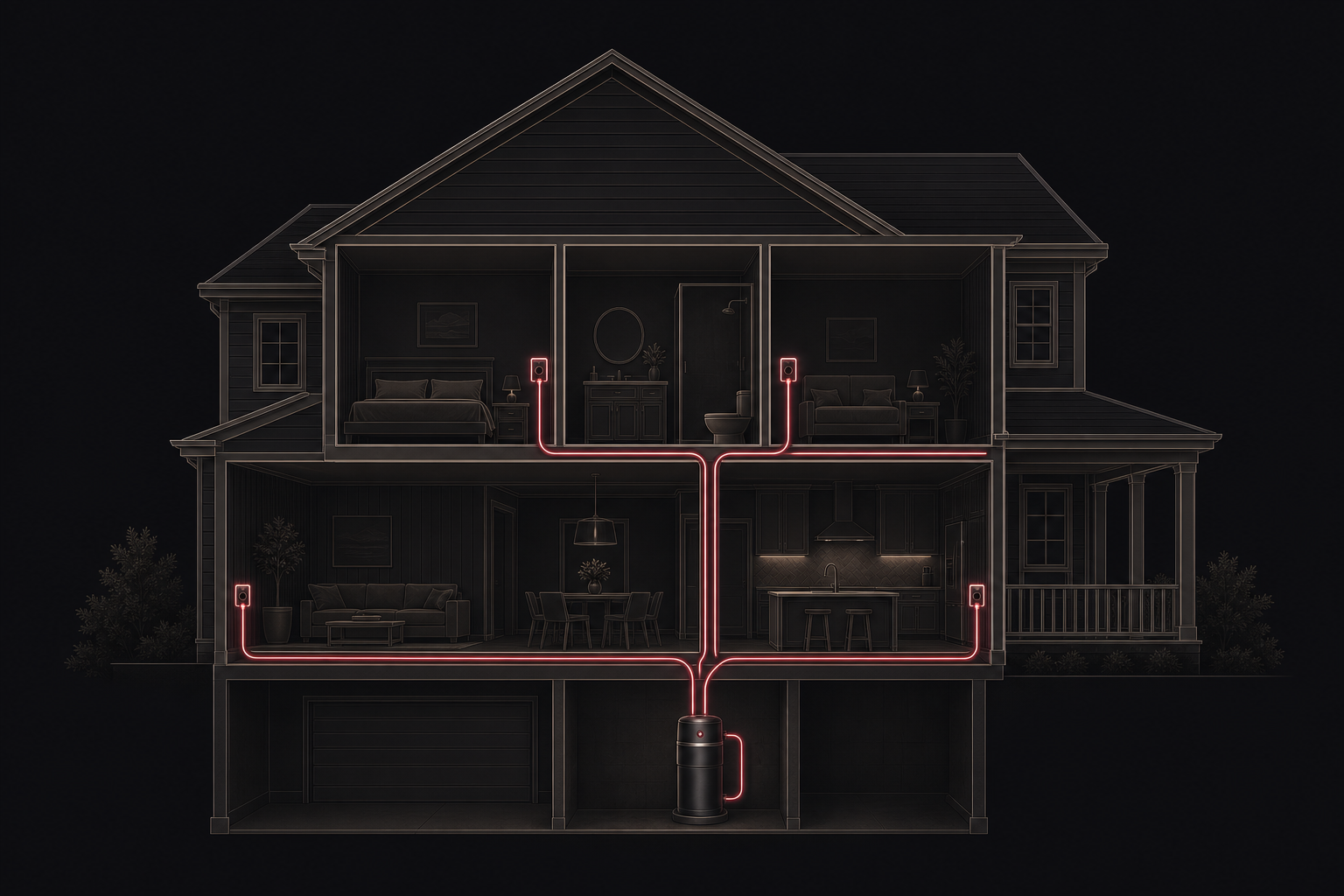 Cutaway illustration of a home showing the central vacuum tubing, inlets, and power unit